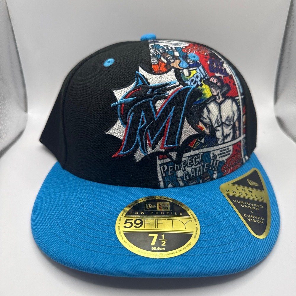 New Era 59FIFTY Low Profile Miami Marlins Comic Panel Hat 7 1/2 Blue Black MLB